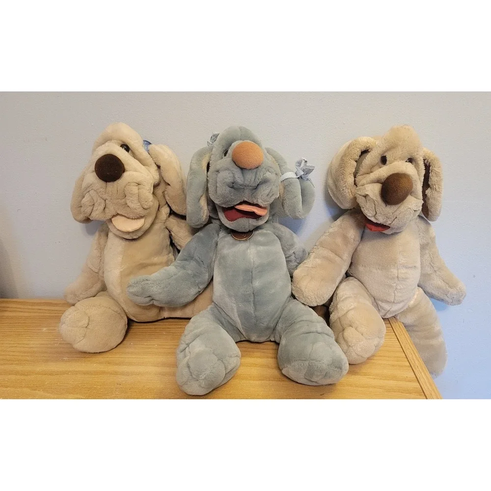 Vintage Wrinkles Dog Plush Puppet Lot of 3 Ganz Bros Tan Grey 1980s ID Tags
